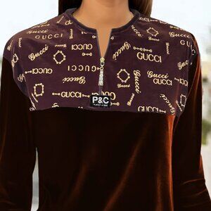 Brown Velvet Top with Zipper Pull with Rhinestone